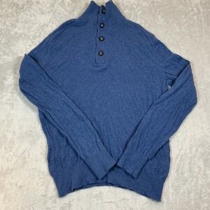 Merino Wool Blend Button Mock Neck Pullover  Blue made of Italian Yarn‎ Sz L